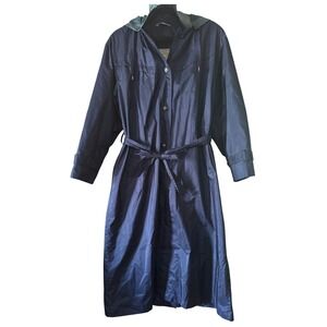 Current Seen Hooded Belted Trench Coat Womens Size 13/14 Navy Blue Plaid